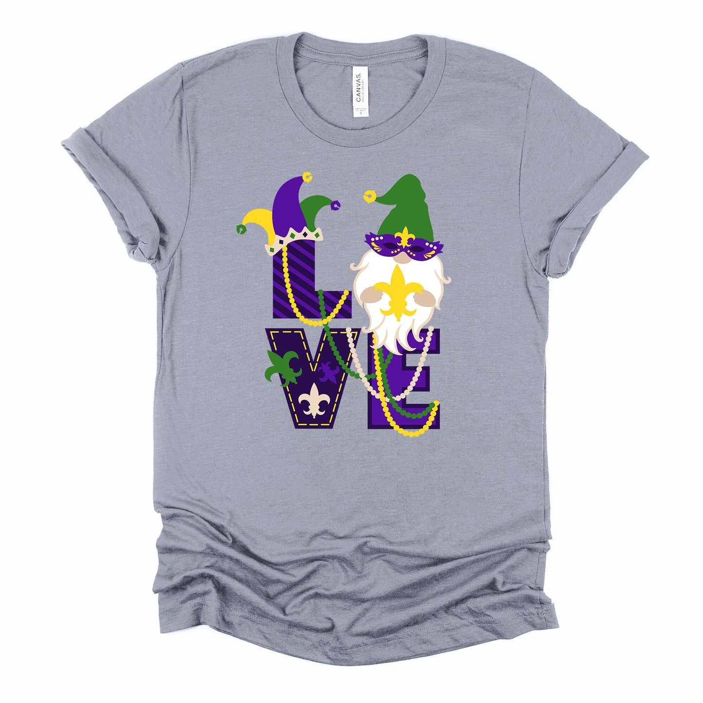 Mardi Gras Tee, Super Cute LOVE Mardi Gras Gnome, Mardi Gras Gnome design, premium unisex tee, 3 color choices, 3x mardi gras, 4x mardi gras