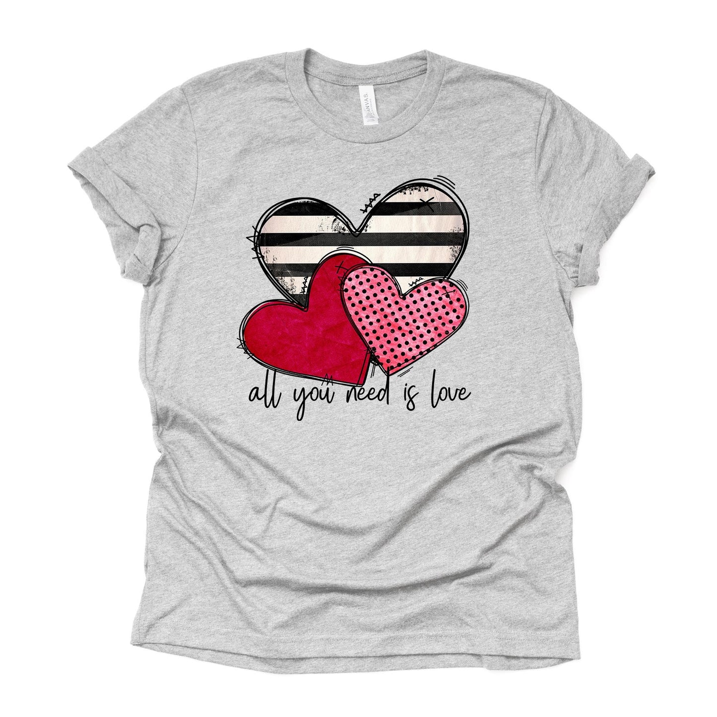 Valentine's Day Tee, Valentine Hearts, All You Need Is Love Design on premium unisex shirt, 3 color choices, 3x valentine, 4x valentine