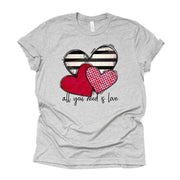 Valentine's Day Tee, Valentine Hearts, All You Need Is Love Design on premium unisex shirt, 3 color choices, 3x valentine, 4x valentine