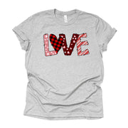 Valentine's Day Tee, Valentine LOVE, Plaid, Stripes & Dots LOVE Design on premium unisex shirt, 3 color choices, 3x valentine, 4x valentine