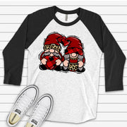 Valentine's Day Raglan, Valentine Gnomes Couple, Gnomes with Plaid Heart Design on premium Raglan 3/4 sleeve shirt, plus size, 2X, 3X