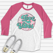 Valentine's Day Raglan, Super Cute Retro Love Vibes, 70s Style Love Pink Hearts Design on premium Raglan 3/4 sleeve shirt, plus size, 2X, 3X