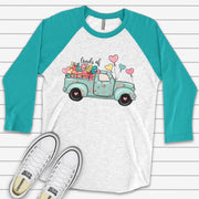 Valentine's Day Raglan, Cute Loads of Love Truck, Valentine Truck with Hearts Design on premium Raglan 3/4 sleeve shirt, plus size, 2X, 3X