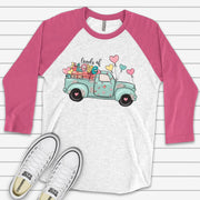 Valentine's Day Raglan, Cute Loads of Love Truck, Valentine Truck with Hearts Design on premium Raglan 3/4 sleeve shirt, plus size, 2X, 3X
