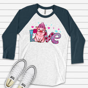 Valentine's Day Raglan, Cute Valentine Pig, LOVE Valentine Pig with Rose Design on premium Raglan 3/4 sleeve shirt, plus size, 2X, 3X