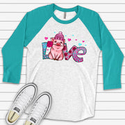Valentine's Day Raglan, Cute Valentine Pig, LOVE Valentine Pig with Rose Design on premium Raglan 3/4 sleeve shirt, plus size, 2X, 3X