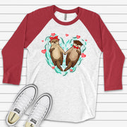 Valentine's Day Raglan, Cute Otter Valentine Couple, Valentine Otters Design on premium Raglan 3/4 sleeve shirt, plus size, 2X, 3X