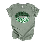 St Patrick's Day Tee, Cute St Patrick Lips, Green Plaid Lips Design on premium unisex tee, 4 color choices, 3x st patrick, 4x st patrick