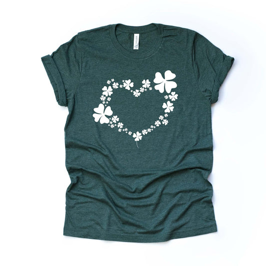 St Patrick's Day Tee, St Patricks' Day Heart & Four Leaf Clovers Design on premium unisex tee, 4 color choices, 3x st patrick, 4x st patrick