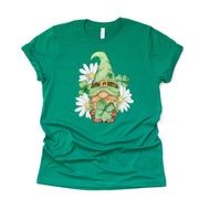 St Patrick's Day, Super Cute St Patricks Gnome with Daisies Design on premium unisex tee, 3 color choices, 3x st patrick, 4x st patrick