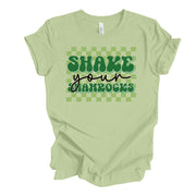 St Patrick's Day, Fun St Patrick's Checkered Shake Your Shamrocks Design, premium unisex tee, 3 color choices, 3x st patrick, 4x st patrick