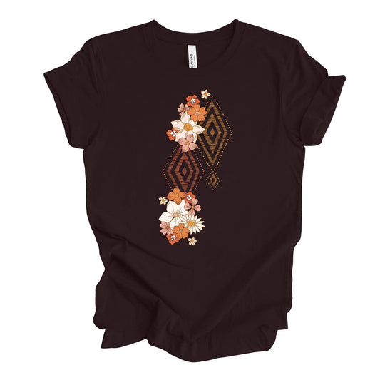 Retro Flowers Boho Tee, Retro Flowers, Boho Triangles & Retro Flower Design, premium unisex shirt, 3 color choices, 3x boho, 4x boho flowers