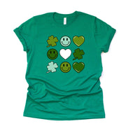 St Patrick's Day Tee, Super Cute Hearts, Clovers and Smiley Faces Design, premium unisex tee, 3 color choices, 3x st patrick, 4x st patrick