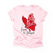 Valentine's Day Tee, Butterfly with Hearts, Loved and Blessed Design on premium unisex shirt, 4 color choices, 3x valentine, 4x valentine