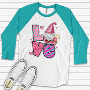 Valentine's Day Raglan, Super Cute LOVE Gnome, Valentine's Day Gnome Design on premium Raglan 3/4 sleeve shirt, plus size, 2X, 3X