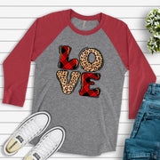 Valentine's Day Raglan, Buffalo Plaid and Leopard Print LOVE, Red Plaid LOVE Design on premium Raglan 3/4 sleeve shirt, plus size, 2X, 3X