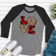 Valentine's Day Raglan, Buffalo Plaid and Leopard Print LOVE, Red Plaid LOVE Design on premium Raglan 3/4 sleeve shirt, plus size, 2X, 3X