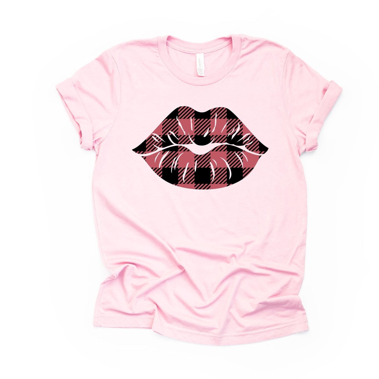 Valentine's Day Tee, Pink Buffalo Plaid Lips, Valentine Lips Design on premium unisex shirt, 3 color choices, 3x valentine, 4x valentine