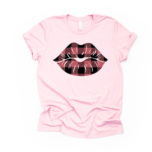 Valentine's Day Tee, Pink Buffalo Plaid Lips, Valentine Lips Design on premium unisex shirt, 3 color choices, 3x valentine, 4x valentine