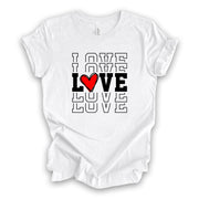 Valentine's Day Tee, Repeating LOVE with Red Heart, Love Echo with Heart Design, premium unisex shirt, 3 color choices, plus valentine tee