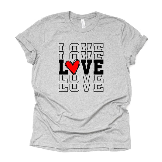 Valentine's Day Tee, Repeating LOVE with Red Heart, Love Echo with Heart Design, premium unisex shirt, 3 color choices, plus valentine tee