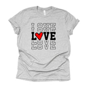 Valentine's Day Tee, Repeating LOVE with Red Heart, Love Echo with Heart Design, premium unisex shirt, 3 color choices, plus valentine tee