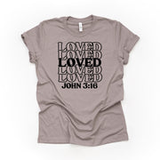 Valentine's Day Tee, Repeating LOVED, Loved John 3:16, Christian Valentine Design, premium unisex shirt, 3 color choices, plus valentine tee