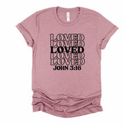 Valentine's Day Tee, Repeating LOVED, Loved John 3:16, Christian Valentine Design, premium unisex shirt, 3 color choices, plus valentine tee