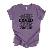 Valentine's Day Tee, Repeating LOVED, Loved John 3:16, Christian Valentine Design, premium unisex shirt, 3 color choices, plus valentine tee