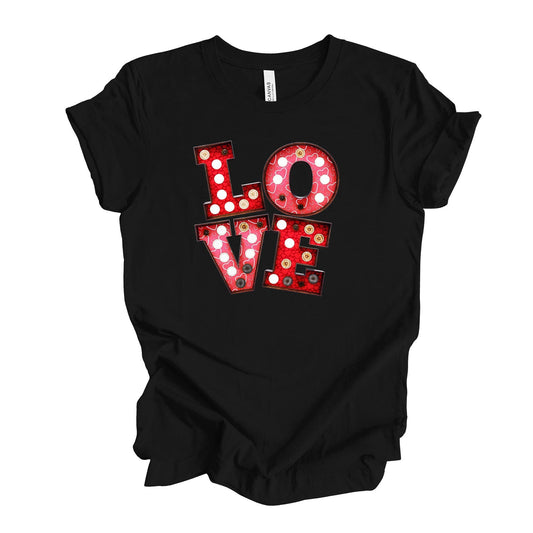 Valentine's Day Tee, Super Fun LOVE in Marquee Lights, Marquee Sign LOVE Design, premium unisex shirt, 3 color choices, plus valentine tee
