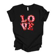 Valentine's Day Tee, Super Fun LOVE in Marquee Lights, Marquee Sign LOVE Design, premium unisex shirt, 3 color choices, plus valentine tee