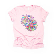 Valentine's Day Tee, Pastel Valentine Sunflower with Conversation Hearts Design, premium unisex shirt, 3 color choices, plus valentine tee