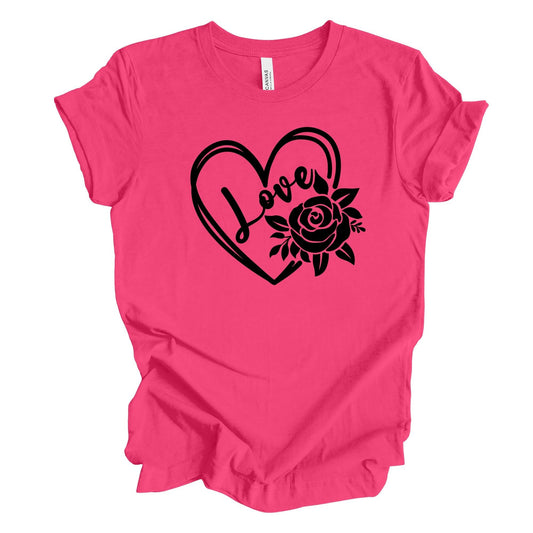 Valentine's Day Tee, Cute Heart with Rose, LOVE Heart with Flower Design, premium unisex shirt, 3 color choices, plus valentine tee