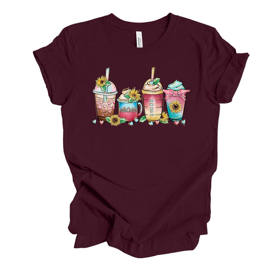 Mom Coffee Drinks Tee, Cute Mom Coffee Drinks Sunflowers, Mom Loves Coffee Design, premium unisex shirt, 3x mom, 4x mom, gift for mom