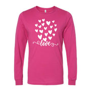 Valentine Long Sleeve Tee, Script LOVE with Cute White Hearts, Love Heart Design on premium unisex long sleeve tee, 3x plus size long sleeve