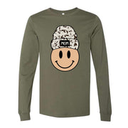 Mom Long Sleeve Tee, Fun Smiley Face with Beanie, Mom Hat Smiley Face Design on premium unisex long sleeve tee, 3x plus size long sleeve