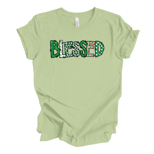 St Patrick's Day Tee, Super Fun BLESSED St. Patrick's Print Design on premium unisex tee, 3 color choices, 3x st patrick, 4x st patrick