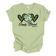 St Patrick's Day Tee, Simply Blessed Four Leaf Clover Hearts Design on premium unisex tee, 4 color choices, 3x st patricks, 4x st patricks