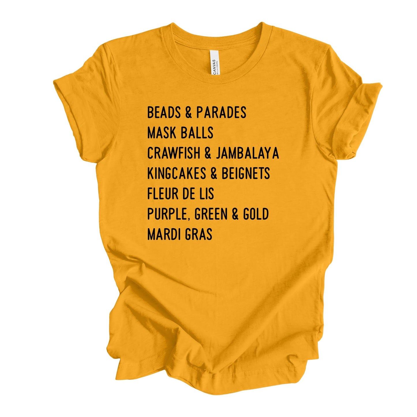 Mardi Gras Tee, Super Fun Mardi Gras List, Beads, Masks, Parades Design, premium unisex tee, 3 color choices, 3x mardi gras, 4x mardi gras