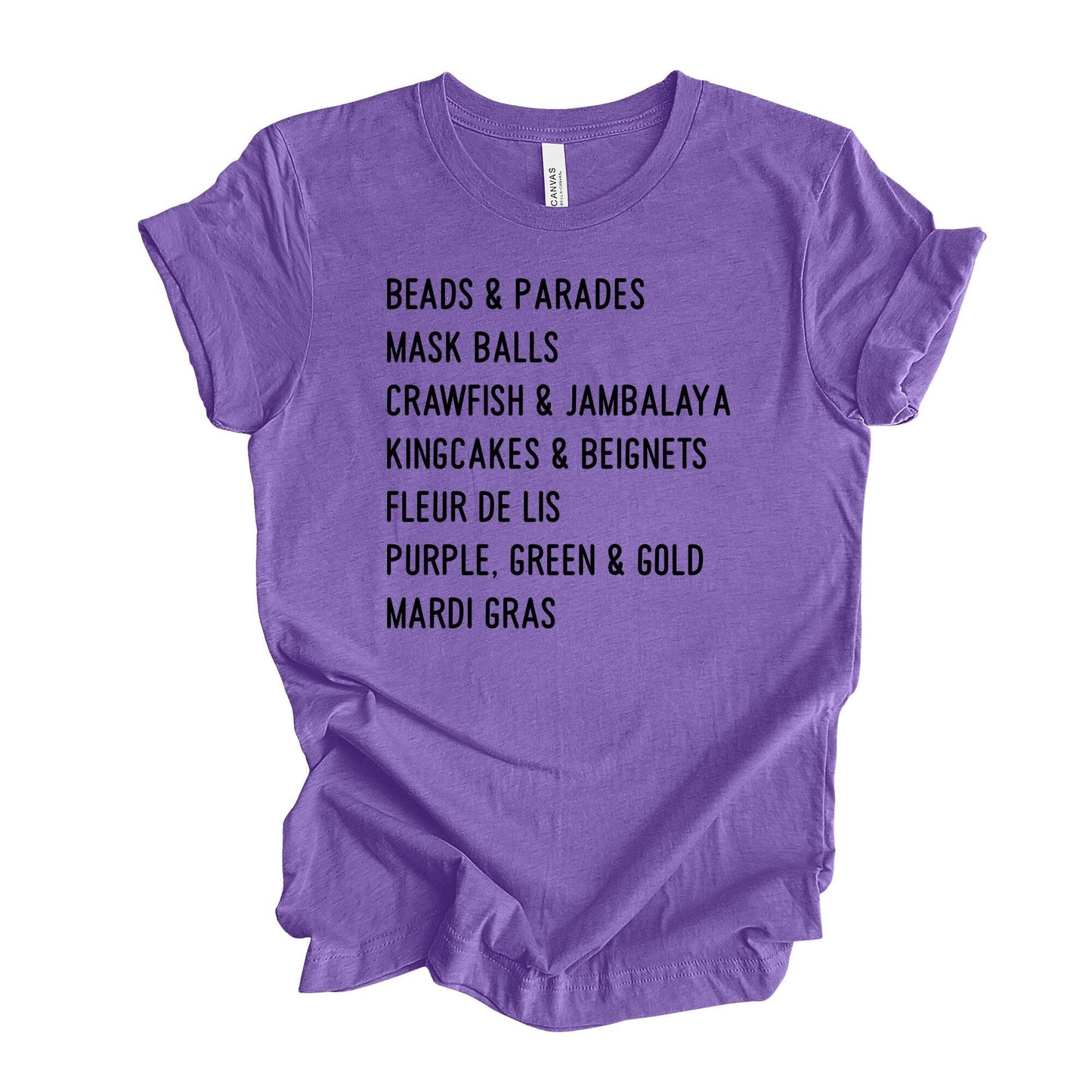 Mardi Gras Tee, Super Fun Mardi Gras List, Beads, Masks, Parades Design, premium unisex tee, 3 color choices, 3x mardi gras, 4x mardi gras