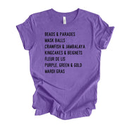 Mardi Gras Tee, Super Fun Mardi Gras List, Beads, Masks, Parades Design, premium unisex tee, 3 color choices, 3x mardi gras, 4x mardi gras
