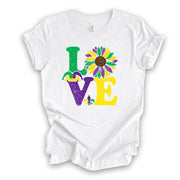 Mardi Gras Tee, LOVE Mardi Gras Sunflower, Mardi Gras Sunflower design,  premium unisex tee, 3 color choices, 3x mardi gras, 4x mardi gras