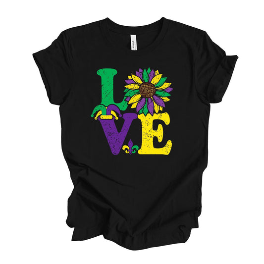 Mardi Gras Tee, LOVE Mardi Gras Sunflower, Mardi Gras Sunflower design,  premium unisex tee, 3 color choices, 3x mardi gras, 4x mardi gras