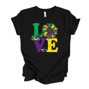 Mardi Gras Tee, LOVE Mardi Gras Sunflower, Mardi Gras Sunflower design,  premium unisex tee, 3 color choices, 3x mardi gras, 4x mardi gras