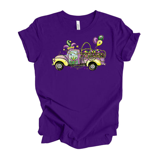 Mardi Gras Tee, Super Fun Mardi Gras Truck with Beads and Balloons design, premium unisex tee, 3 color choices, 3x mardi gras, 4x mardi gras