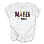 Mardi Gras Tee, Super Fun Mardi Gras Word Art, Mardi Gras Leopard design, premium unisex tee, 3 color choices, 3x mardi gras, 4x mardi gras