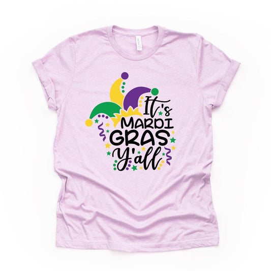 Mardi Gras Tee, Super Fun It's Mardi Gras Y'all, Mardi Gras Jester design, premium unisex tee, 3 color choices, 3x mardi gras, 4x mardi gras