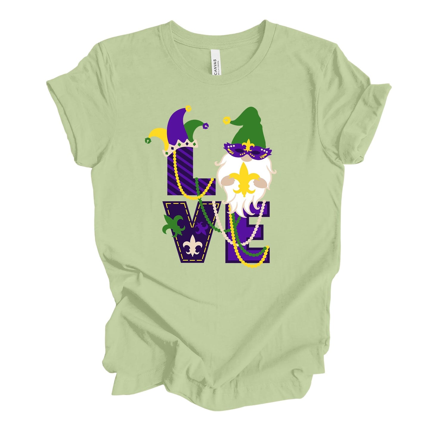 Mardi Gras Tee, Super Cute LOVE Mardi Gras Gnome, Mardi Gras Gnome design, premium unisex tee, 3 color choices, 3x mardi gras, 4x mardi gras