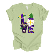Mardi Gras Tee, Super Cute LOVE Mardi Gras Gnome, Mardi Gras Gnome design, premium unisex tee, 3 color choices, 3x mardi gras, 4x mardi gras