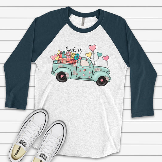 Valentine's Day Raglan, Cute Loads of Love Truck, Valentine Truck with Hearts Design on premium Raglan 3/4 sleeve shirt, plus size, 2X, 3X